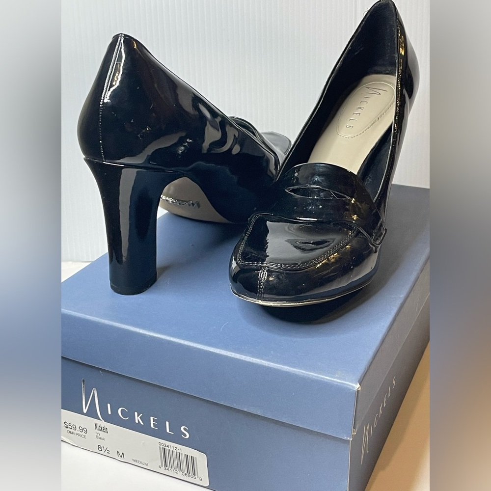 High heel, black patent leather loafers. 3” heel. Size 8.5.